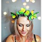 Green Yellow Butterfly And Flowers Headband..