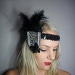 1920s Black Stripe Feather Flapper Headband