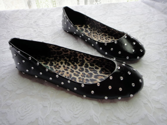 Ballet Flats With Rhinestones - Black With Silver