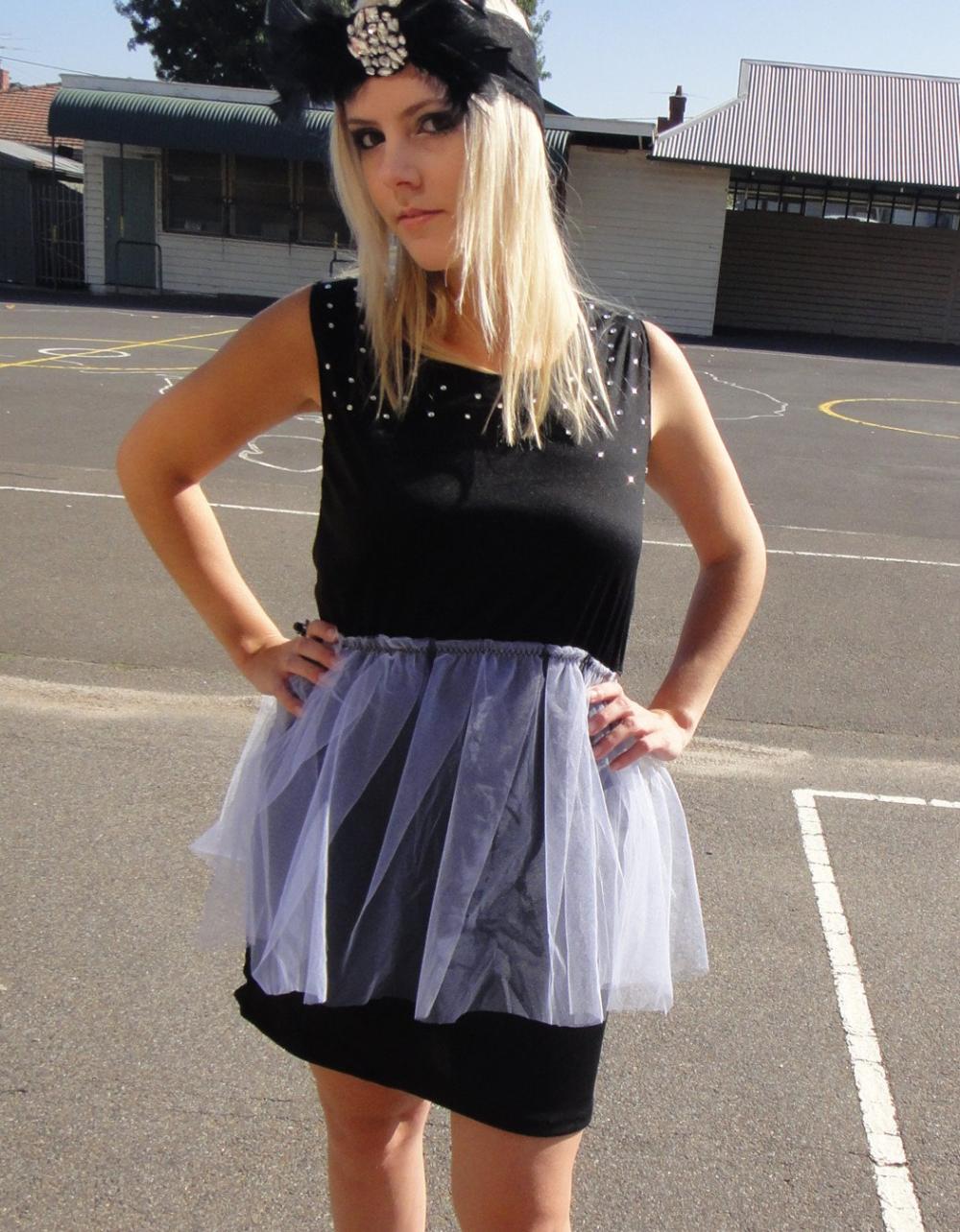 Black Jersey Dress With White Tulle Mini